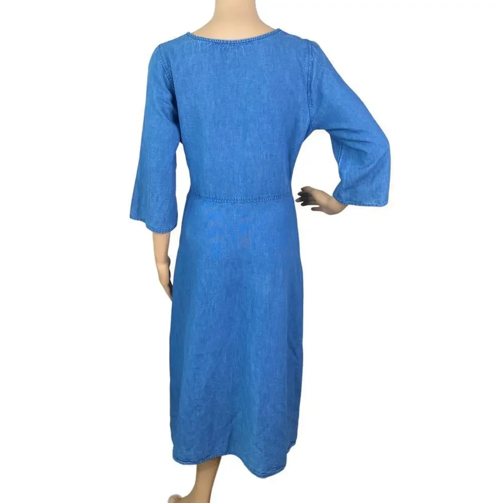 Caron Callahan Hester Denim Wrap Dress Indigo Cotton Pleated Midi Utilitarian M